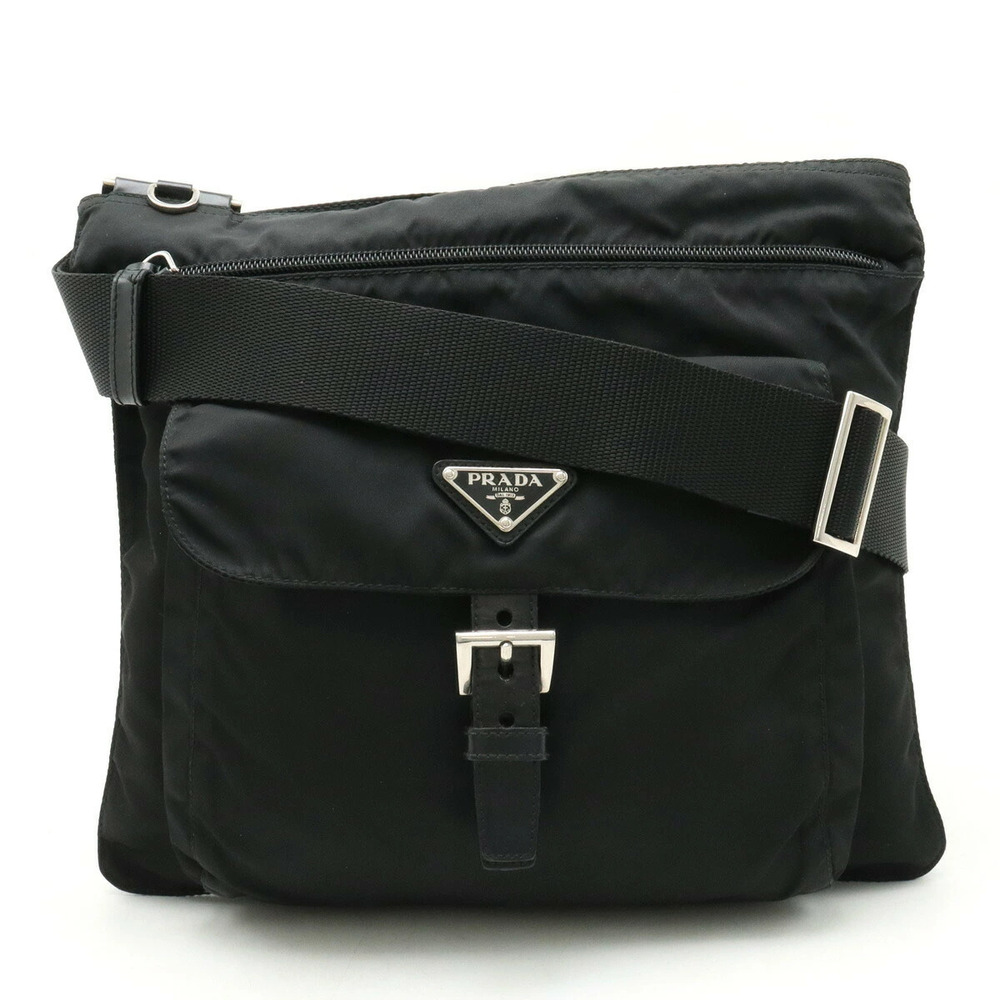 Prada Tessuto Crossbody Bag Gusset Leather NERO Black